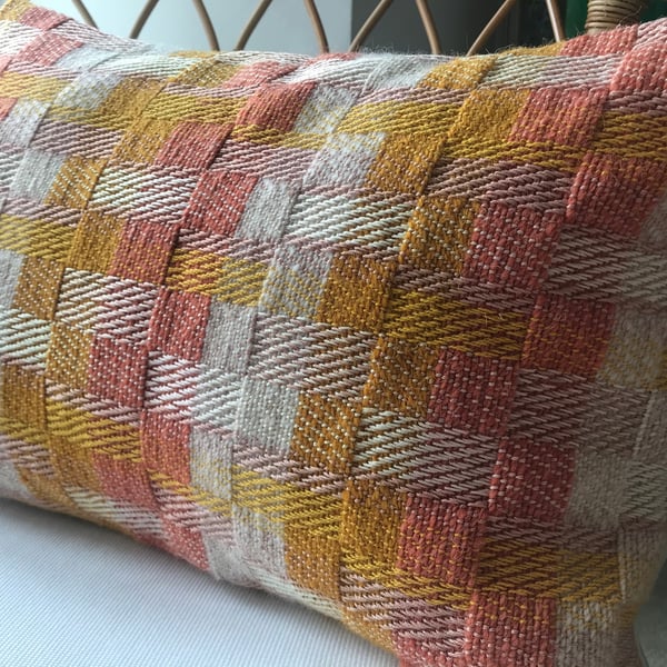 "Helmsley No.1" Coral-Nectarl-Whisper. Contemporary handwoven oblong cushion