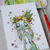 zombie easter bunny with floral crown - original aceo