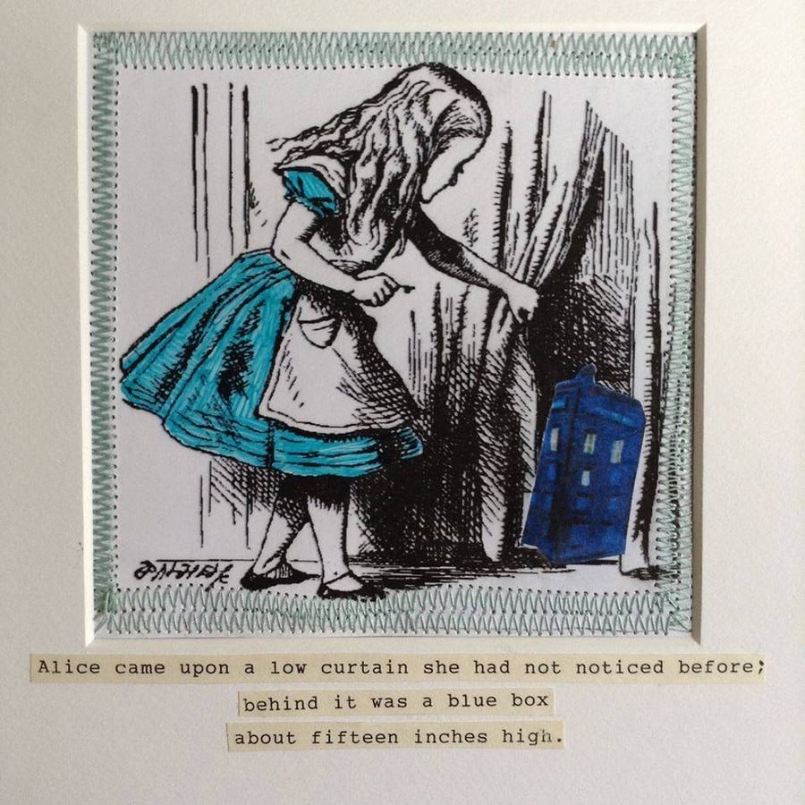 Alice in Wonderland find Doctor Who's Tardis.  Mixed media original art