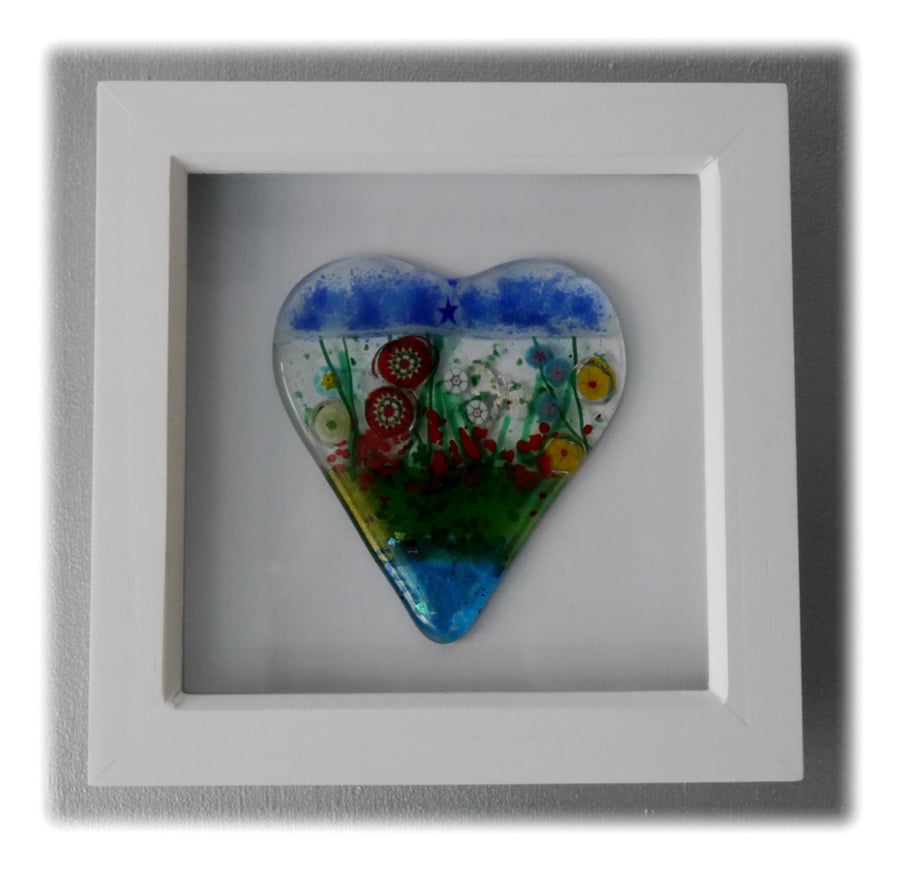 Flower Garden Heart in Box Frame Fused Glass Picture