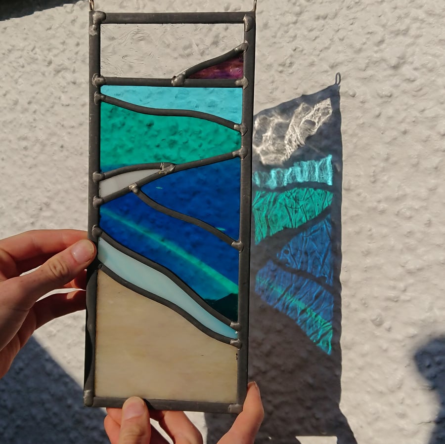SOLD Stained glass blue leaded panel -  West Coast beach study