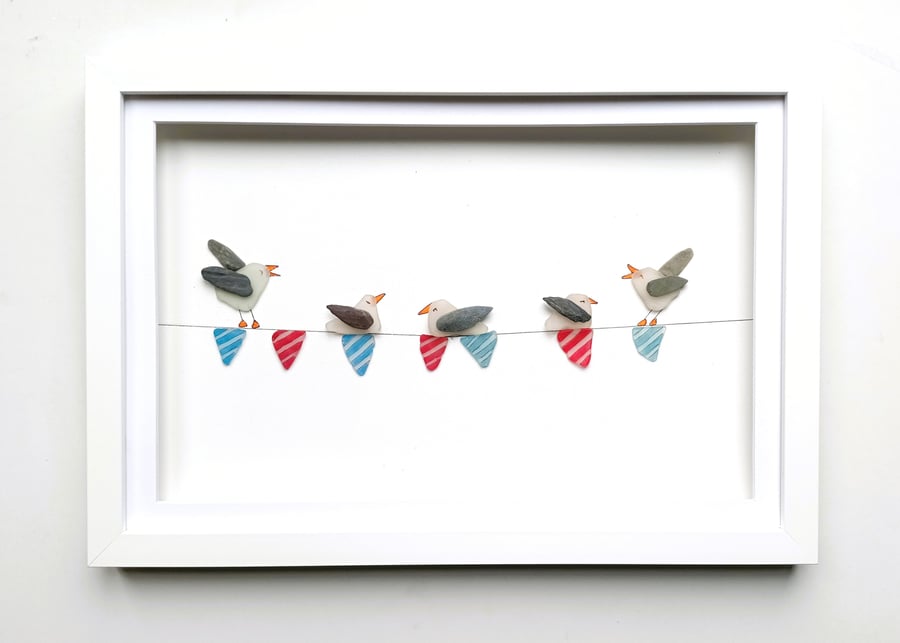 Sea Glass Seagulls on Bunting, Frame Wall Art, Beach House Decor