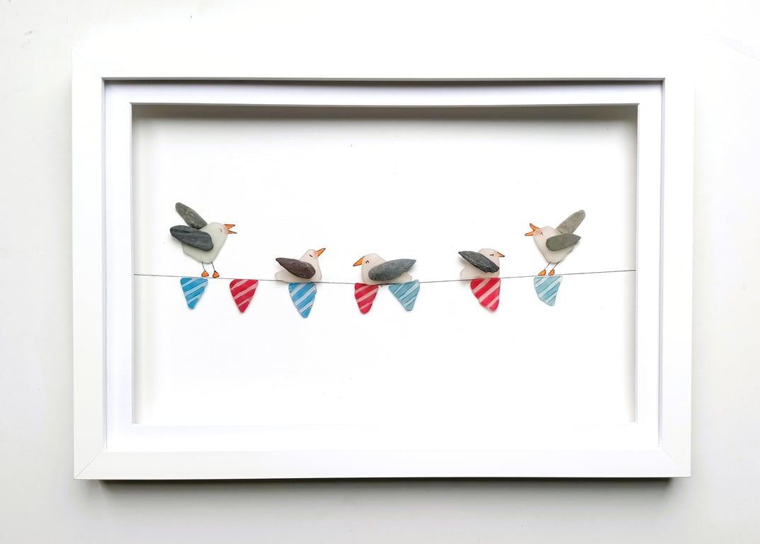 Sea Glass Seagulls on Bunting, Frame Wall Art, Beach House Decor