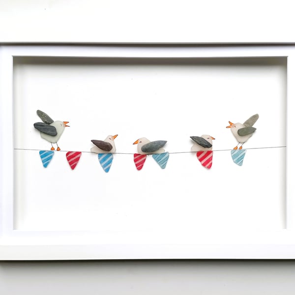 Sea Glass Seagulls on Bunting, Frame Wall Art, Beach House Decor