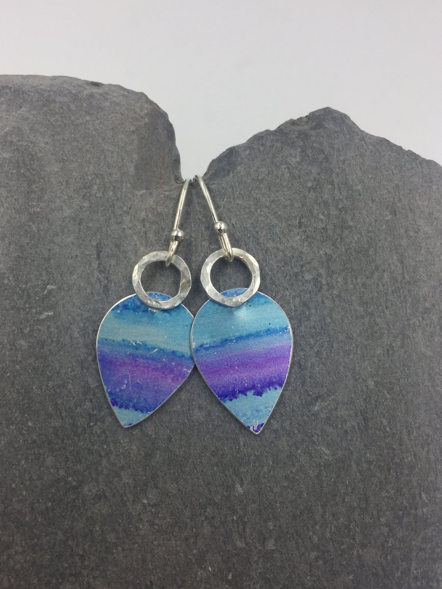 ‘Watercolour’ turquoise and purple drop earrings with hammered silver ring.