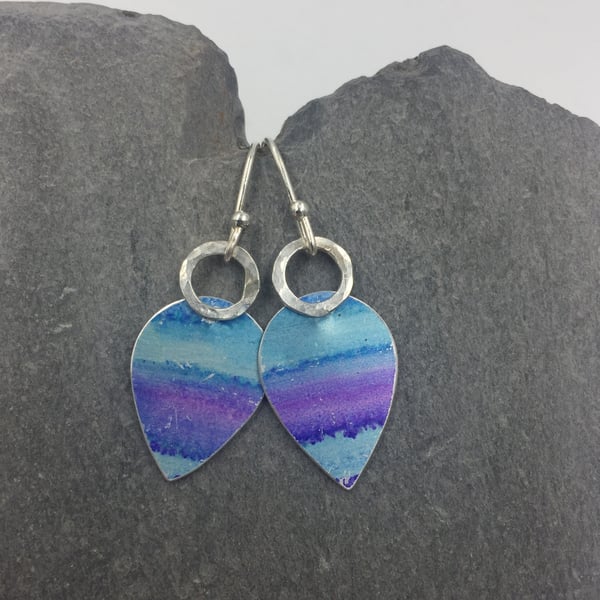 ‘Watercolour’ turquoise and purple drop earrings with hammered silver ring.