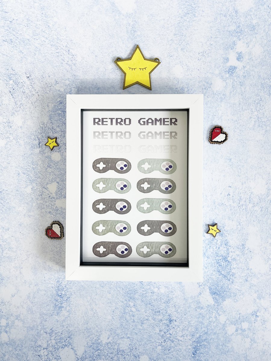 Retro Gamer Print, vintage controllers, A5 print of a linocut print