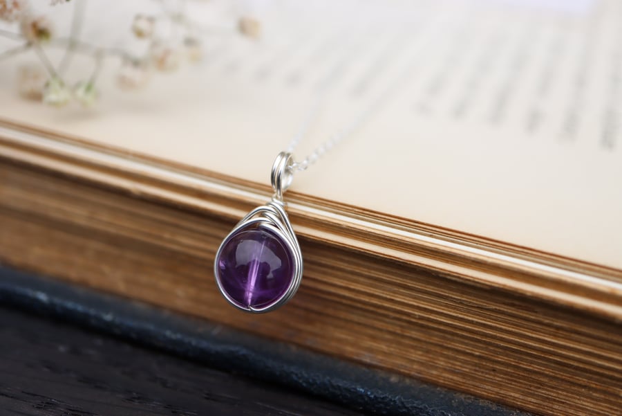 Amethyst Necklace Wire Wrapped in Sterling Silver