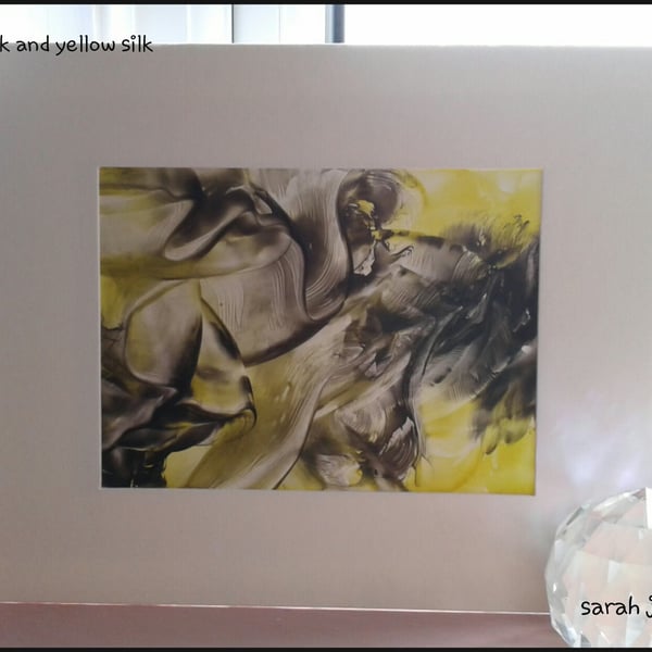 Black And yellow silk encaustic art painting 