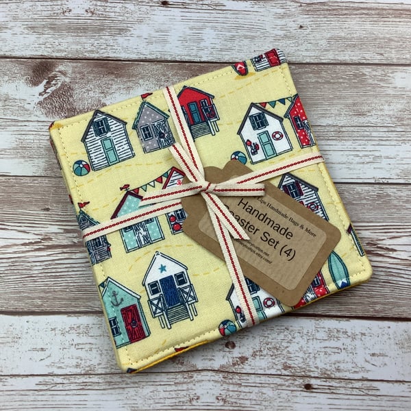 Beach huts coaster set, Seaside fabric coaster set of 4, Handmade