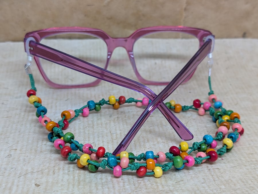 Glasses lanyard with multicoloured rainbow wooden beads and green cotton cord