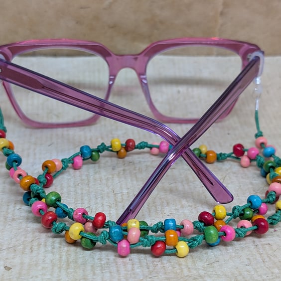 Glasses lanyard with multicoloured rainbow wooden beads and green cotton cord