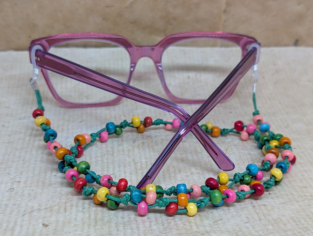Glasses lanyard with multicoloured rainbow wooden beads and green cotton cord