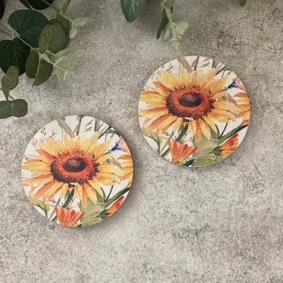 Bamboo Coasters Set of 2: Decoupage Sunflower - Home Decor, Dining, Gifts