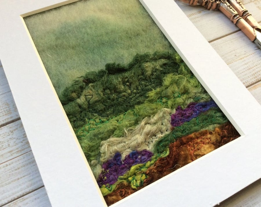 Embroidered landscape textile of the Yorkshire Moors.