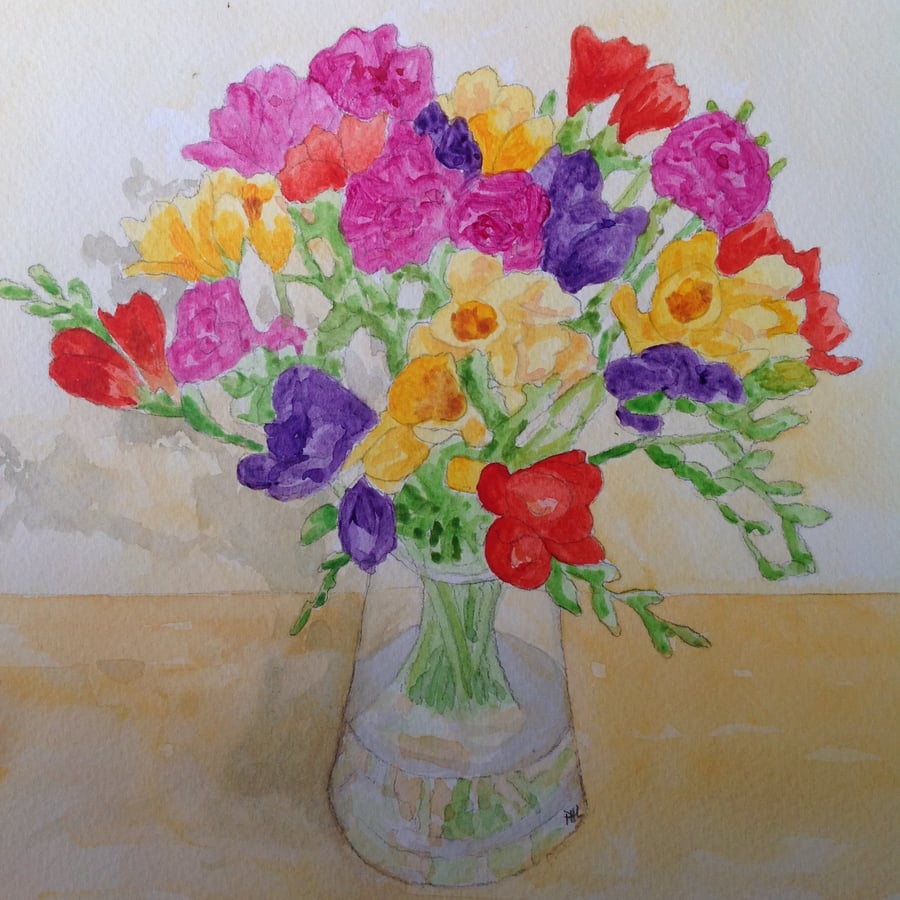 Freesias original watercolour and acrylic painting