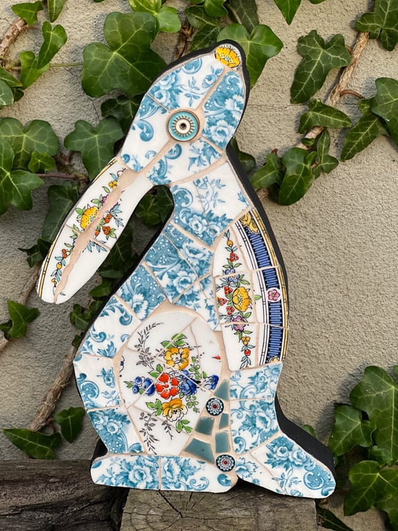 Mosaic Moon Gazing Hare, Made with Vintage china, Ceramic Mosaic Art