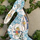 Mosaic Moon Gazing Hare, Made with Vintage china, Ceramic Mosaic Art