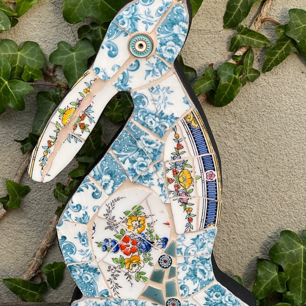 Mosaic Moon Gazing Hare, Made with Vintage china, Ceramic Mosaic Art