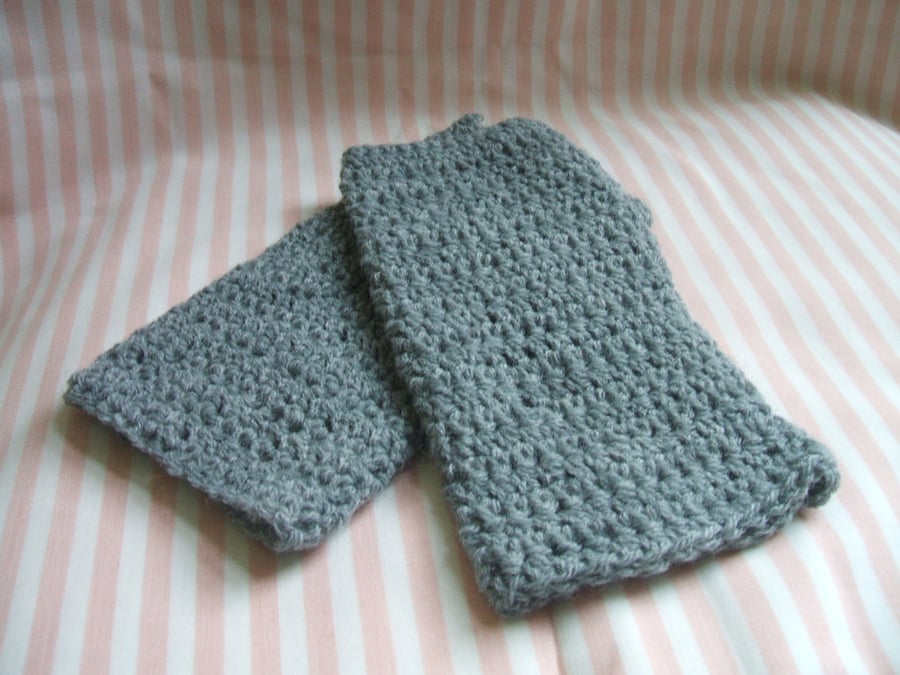 hand crocheted wrist warmers, fingerless mittens - grey