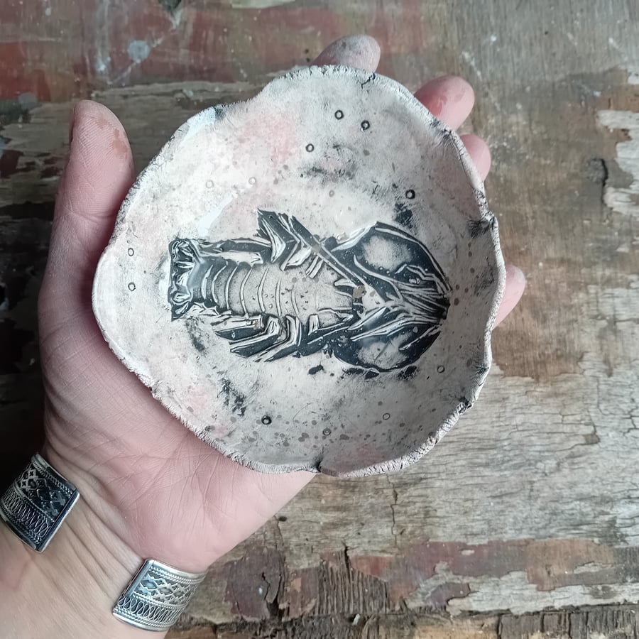 Ceramic trinket dish, mini bowl, lobster pottery linocut design
