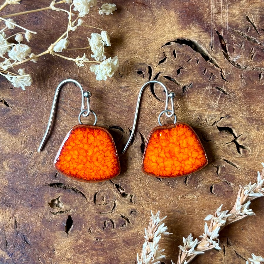Dazzling Orange Ceramic Earrings; Foraged Bristol Clay, Hypoallergenic Steel Hoo