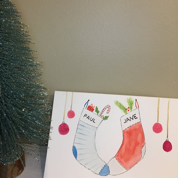 Hand Painted Personalised Christmas Card, Christmas Stockings 