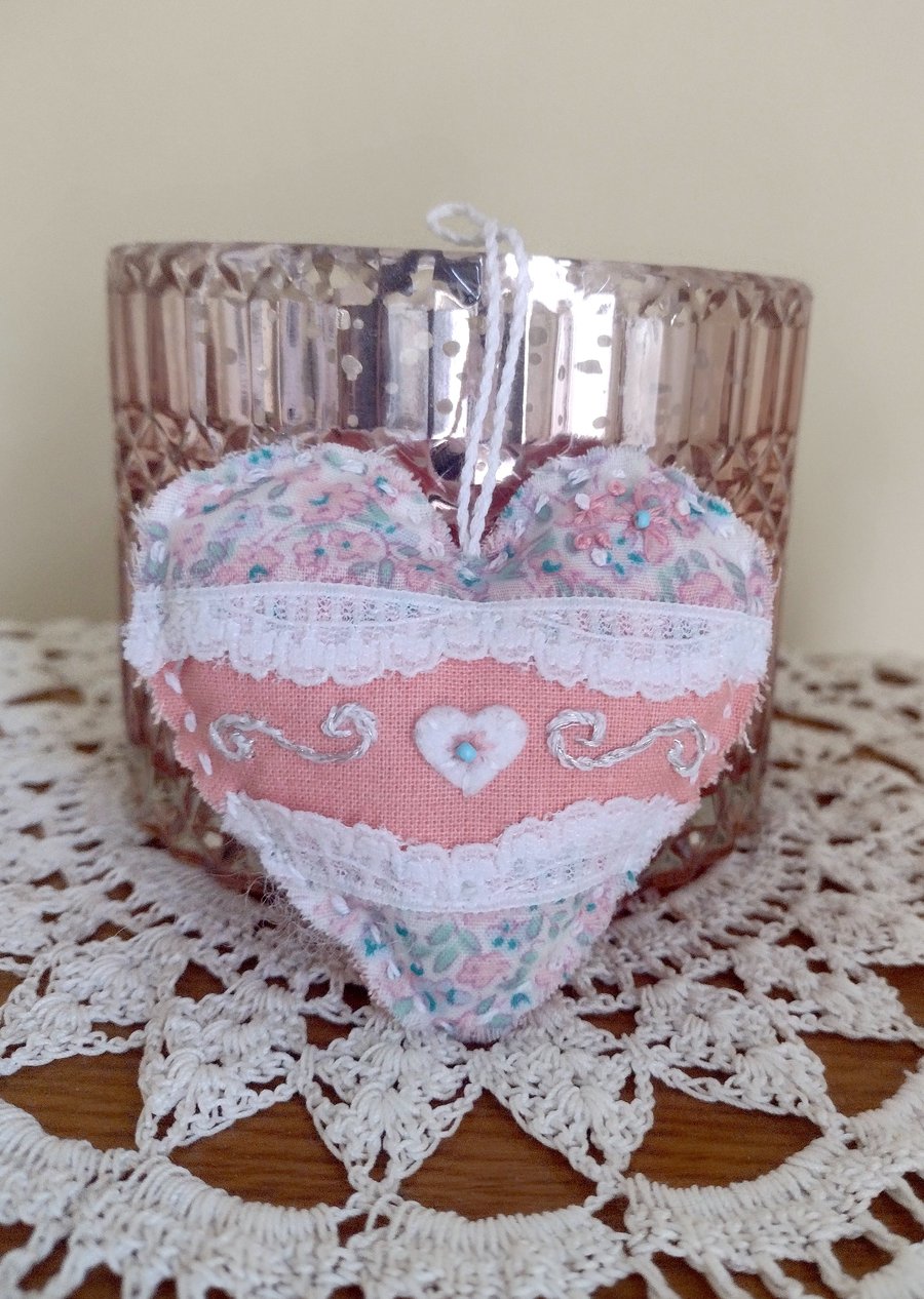 Shabby Fabric Heart Ornament - Pink - Embroidered - Pin Cushion
