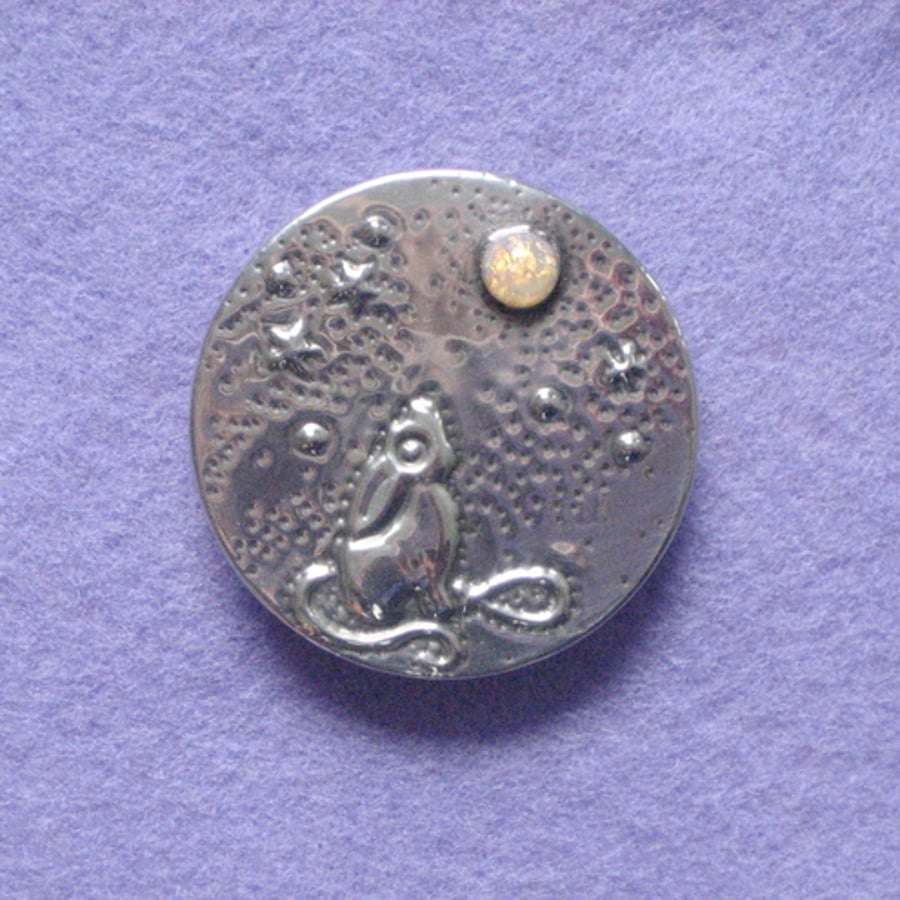 Moongazing hare opal brooch in pewter