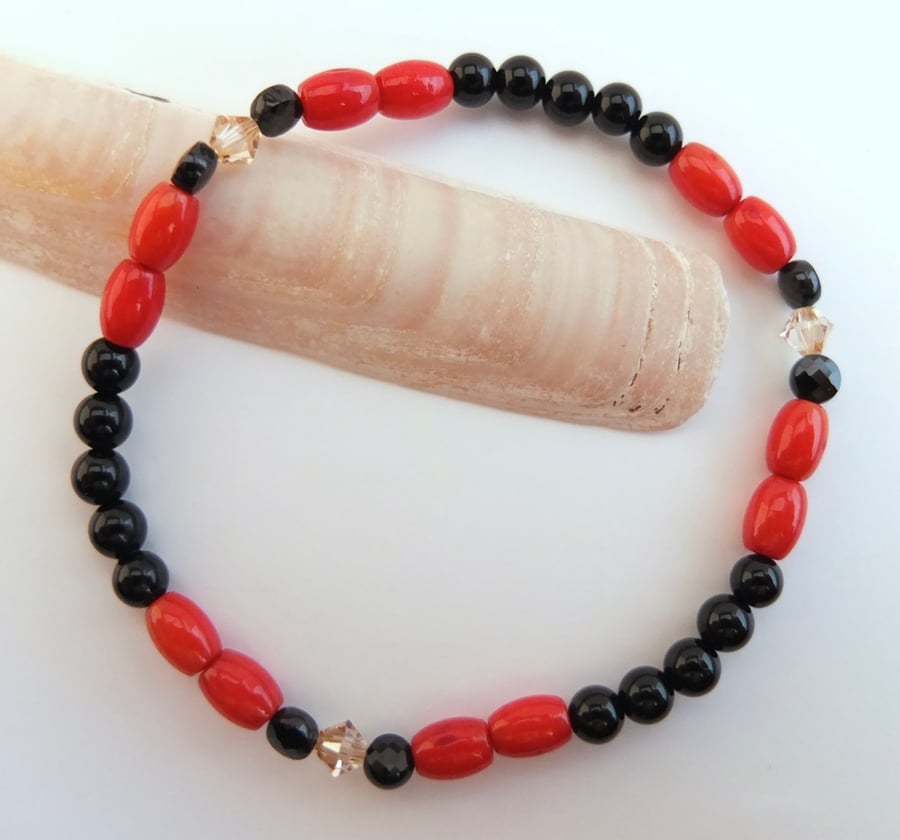 Red Bamboo Coral, Onyx. Spinel & Swarovski Crystal bracelet - Handmade In Devon.
