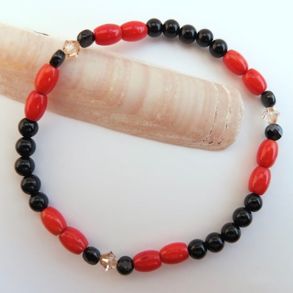 Red Bamboo Coral, Onyx. Spinel & Swarovski Crystal bracelet - Handmade In Devon.