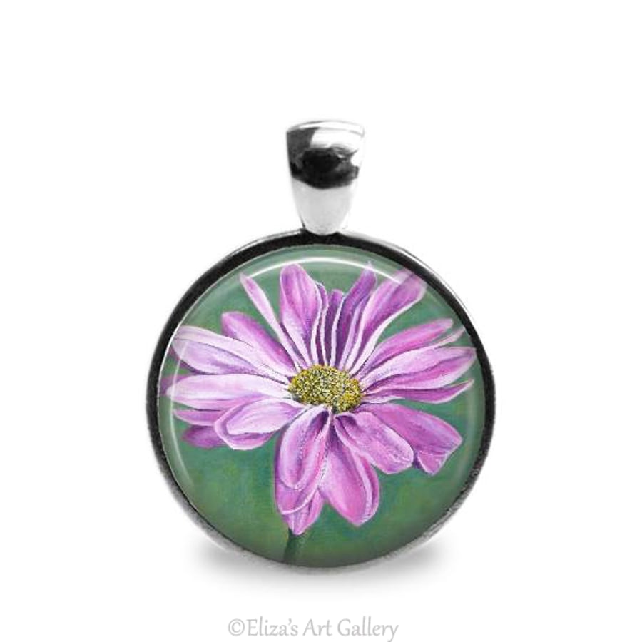 Silver Plated Pink Chrysanthemum Flower Art Pendant