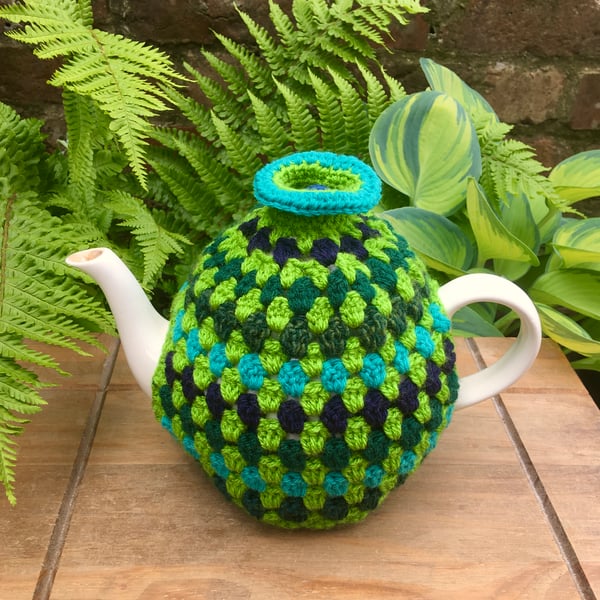 Crochet Green Tea Cosy with Funnel Neck, Modern Tea Cozy