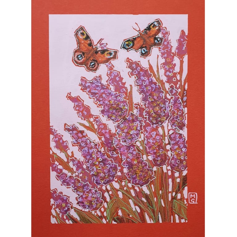 Peacock butterflies and Buddleia flowers original art, butterfly wall art