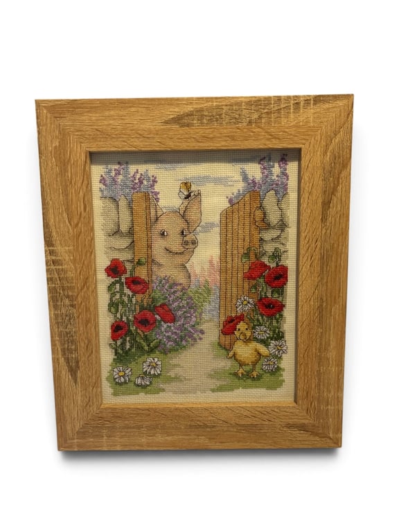 Framed Cross Stitch of Piglet & Duckling Garden Scene for home decoration 