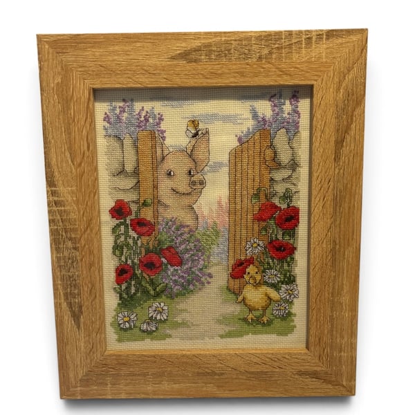 Framed Cross Stitch of Piglet & Duckling Garden Scene for home decoration 