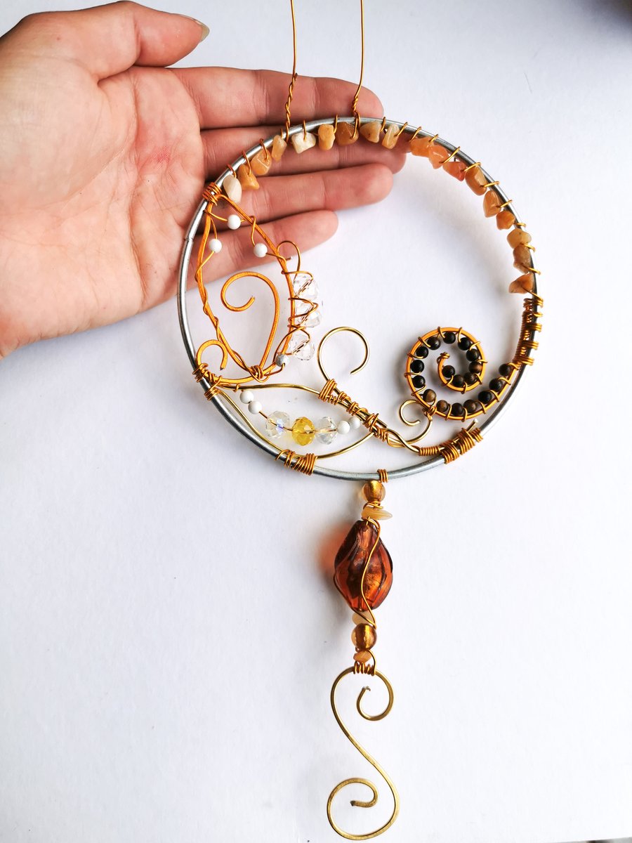 Wire wrapped sun catcher, crystal window ornament,