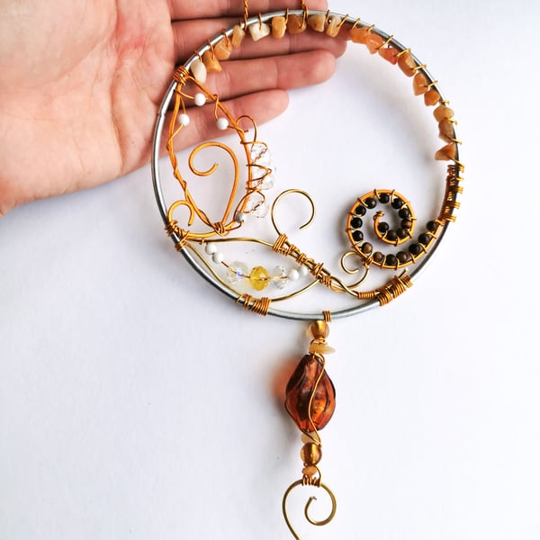 Wire wrapped sun catcher, crystal window ornament,