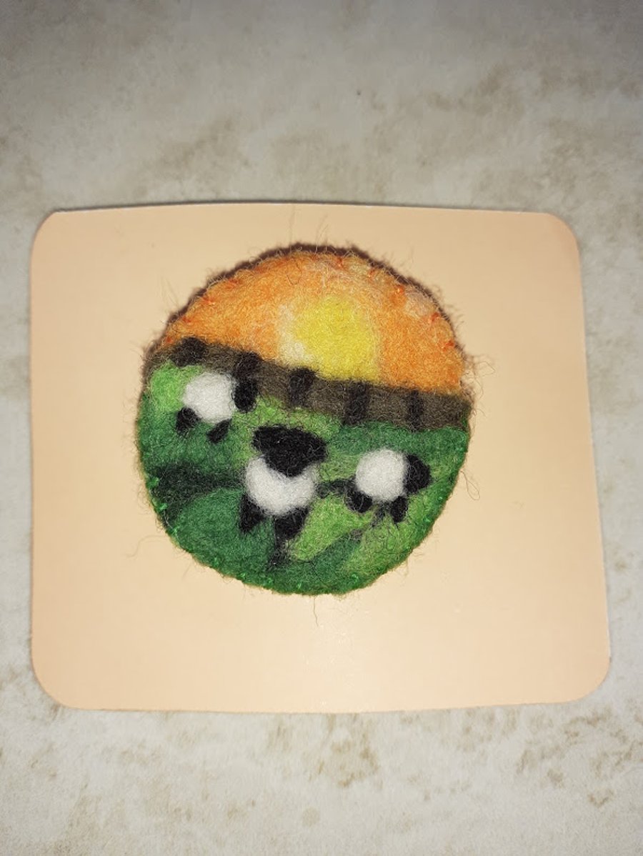 Needle Felted Sheep at Sunset Brooch