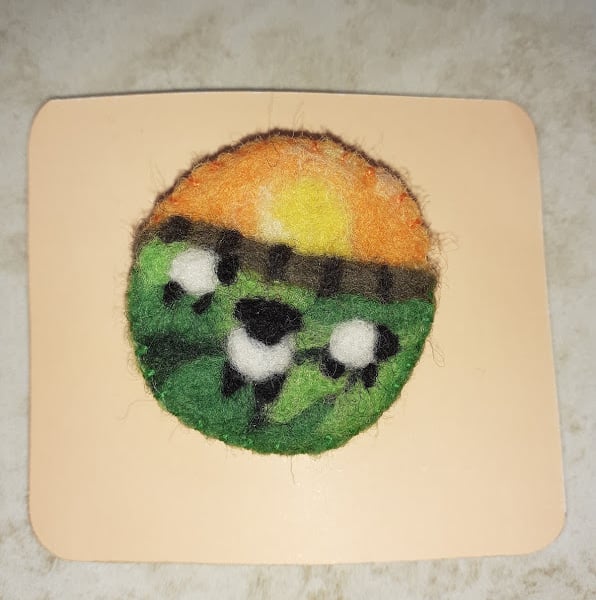 Needle Felted Sheep at Sunset Brooch