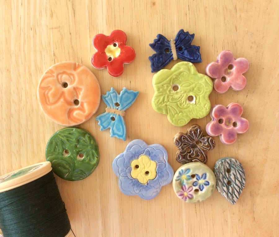 Mixed handmade buttons - butterfly, flower ceramic buttons - Clearance - 2not