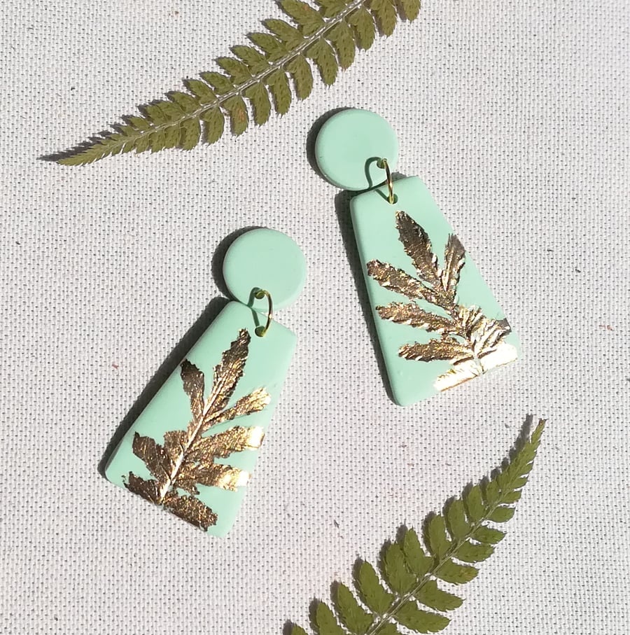 Mint and gold clay earrings, Gold leaf dangles