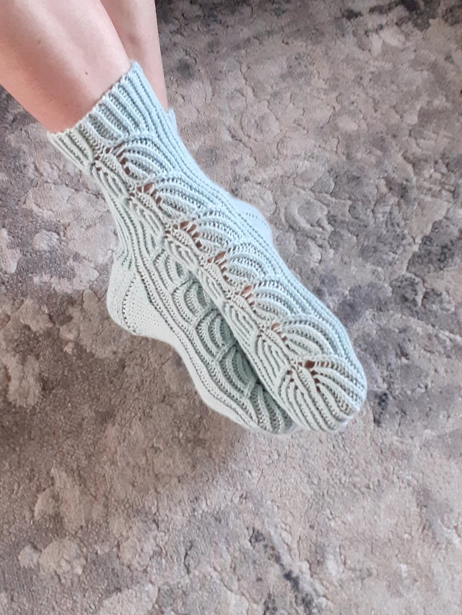 Hand - knitted   women's socks  with an openwork pattern, present, size 38-40