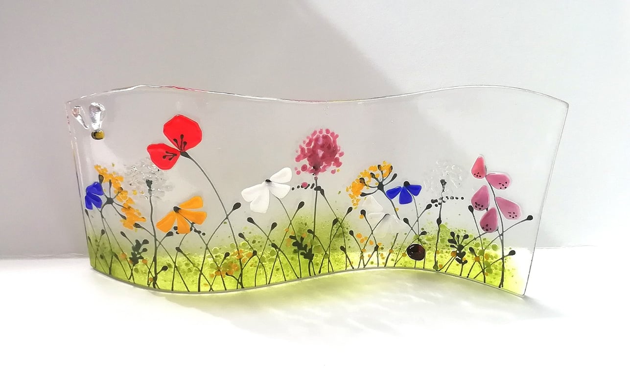 Floral wave, fused glass ornament, birthday gift, home decor, bumblebees. 
