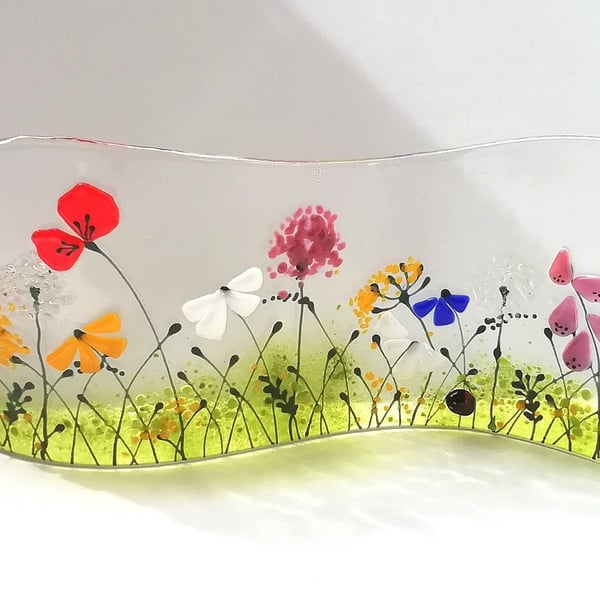 Floral wave, fused glass ornament, birthday gift, home decor, bumblebees. 