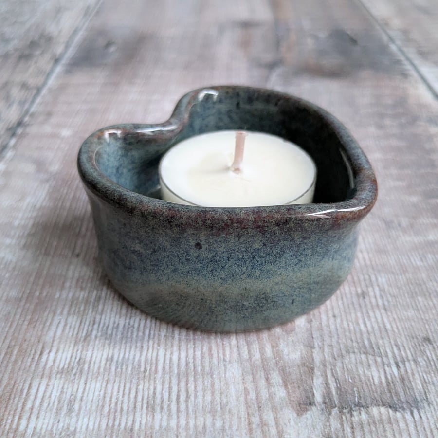 Perfectly imperfect Ceramic heart tealight, blue brown