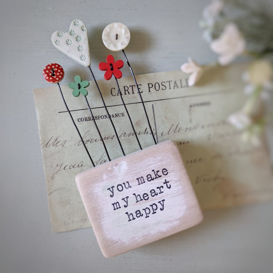 Clay Heart and Button Flowers in a Painted Wood Block 'you make my heart happy'