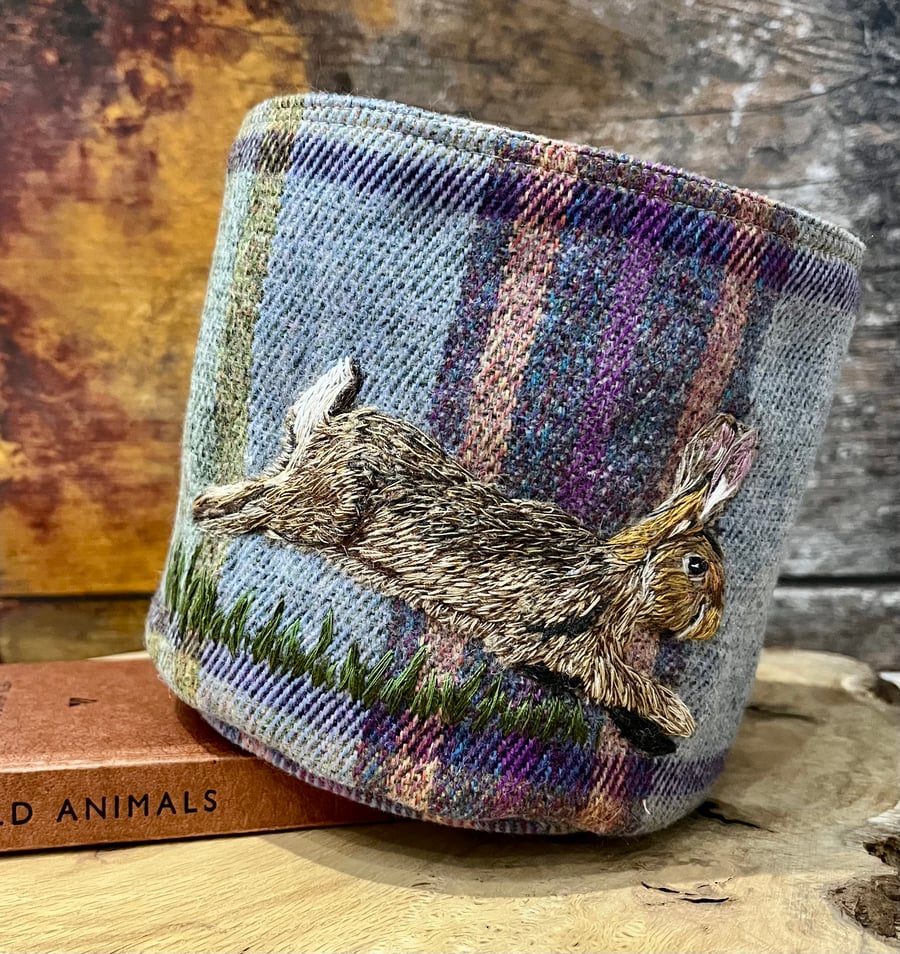 Textile storage pot with hand embroidered rabbit