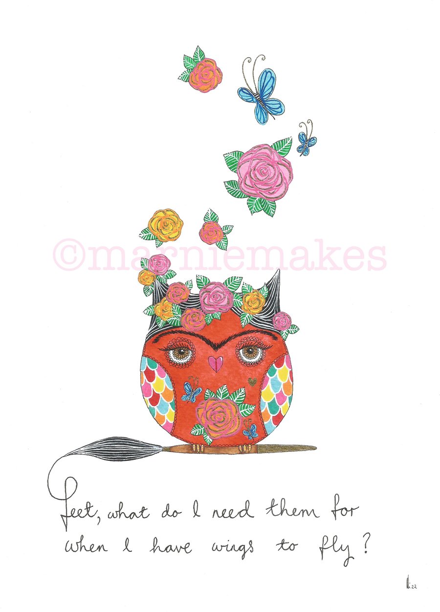 Frida K'Owl'o (Wings To Fly) - A4 Hand-finished Giclee Print