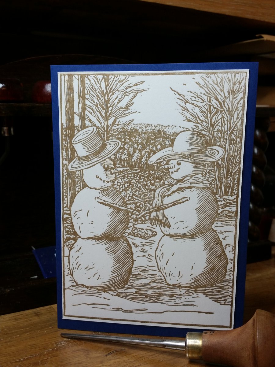 Original linocut christmas card & envelope - Snow couple - snowman and snowwoman